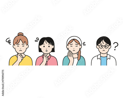 Simple vector illustration set of four troubled young women