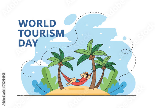 Flat illustration of a tourist relaxing in a hammock between palm trees on a tropical island, celebrating World Tourism Day with themes of vacation, leisure, and summer travel