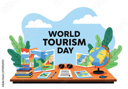 Flat illustration of World Tourism Day with globe, maps, brochures, and travel guides on a desk, symbolizing global exploration, adventure planning, and international destinations