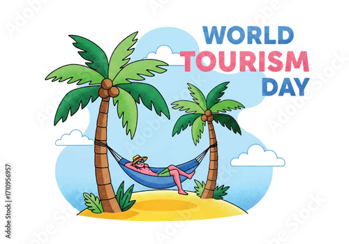 Flat illustration of a tourist relaxing in a hammock between palm trees on a tropical island, celebrating World Tourism Day with themes of vacation, leisure, and summer travel