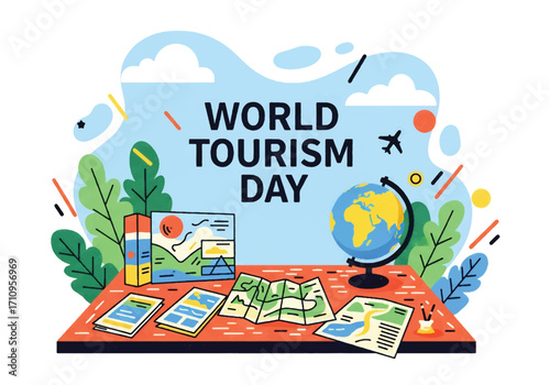 Flat illustration of World Tourism Day with globe, maps, brochures, and travel guides on a desk, symbolizing global exploration, adventure planning, and international destinations