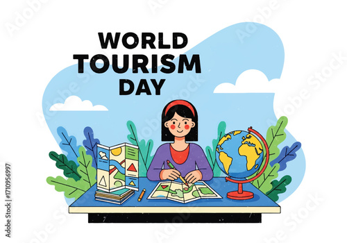 Flat illustration of a young woman planning a trip with maps, globe, and brochures at a desk, celebrating World Tourism Day and promoting global travel and adventure