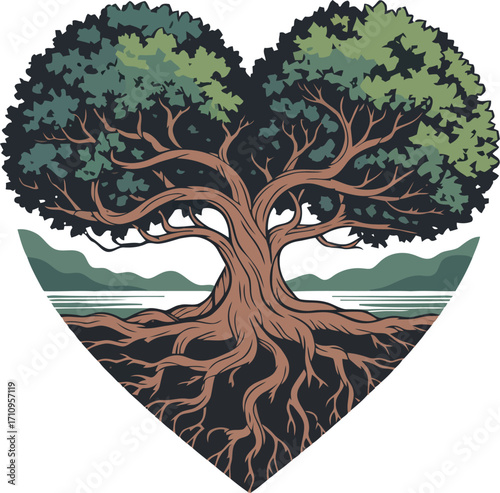 This vibrant illustration depicts a majestic tree with sprawling roots and lush foliage, contained within a heart shape, set against a background of mountains and a lake