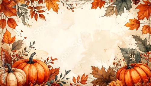 A charming autumnal border design, featuring vibrant orange and earthy tones pumpkins, leaves, and berries, set against a textured, cream-colored background.