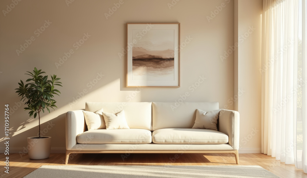 Fototapeta premium living room wall painted in soft beige, low-profile cream sofa with framed abstract artwork above.