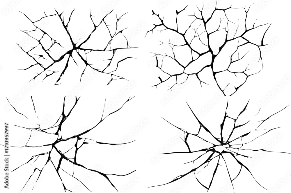 cracked glass set Texture isolated on transparent. glass effects featuring jagged broken lines, impact cracks, fissures, and smashed textures.