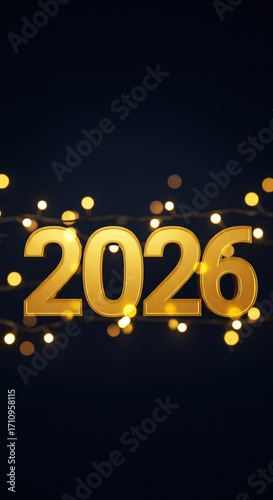 2026 Glowing Golden 3D Numerals with Fairy Lights on Navy Background | Celebratory New Year Design | Concept of Holiday Greetings, Event Invitations, Social Media Celebrations