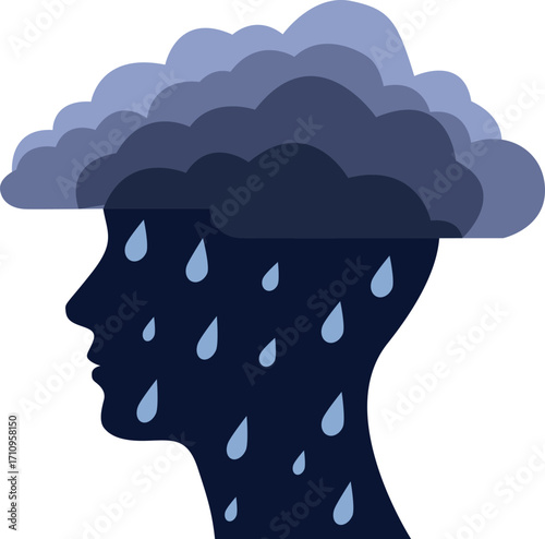 A minimalist vector illustration of a human head in profile with a dark cloud and falling rain inside, symbolizing depression, sadness, or stress