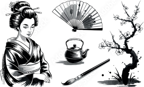 This image showcases a collection of black and white illustrations representing various elements of Japanese culture, including a geisha, a fan, a teapot, a calligraphy brush, and a blossoming tree br