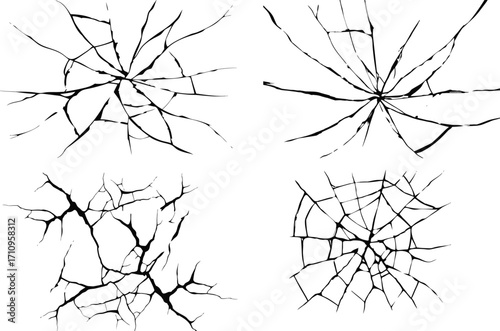 Cracke glass set shattered and effects featuring jagged broken lines, impact cracks, fissures, and smashed textures. Ideal for graphic design, realistic art, and digital overlays