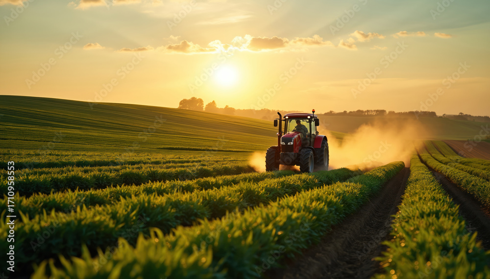 Fototapeta premium Red tractor plows green farm field at sunset. Dust rises from agricultural machine working on vast countryside landscape under warm golden sky. Rural farming scene.
