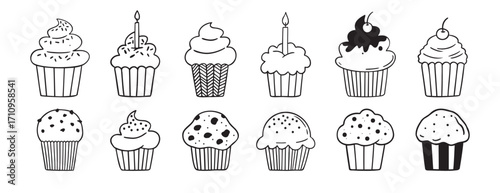 Baked dessert for birthday party muffins or cupcakes doodle hand drawn icon set. Outline drawing line clipart symbol collection
