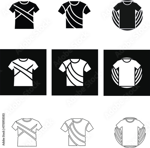 Stylish t-shirt vector icons set in multiple styles on a black background, ideal for modern clothing brand design.