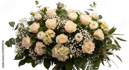 Fototapeta Naklejka Na Ścianę i Meble -  Elegant arrangement of pale pink and white roses with delicate baby s breath isolated on transparent background