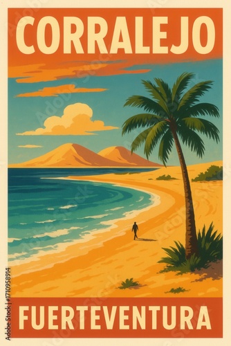 Vintage travel poster of Corralejo Fuerteventura showing a lone person walking along a golden sandy beach with palm trees and distant volcanic mountains at sunset