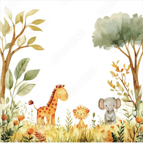 Watercolor safari animals and foliage with a giraffe, lion cub, and elephant vector illustration