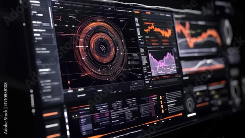 Exploration of digital data visualization techniques on a black background with intricate graphics, digital data processing over scope on black background