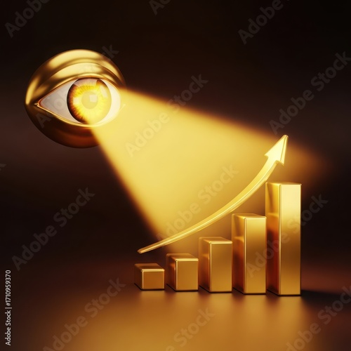 3d render golden eye shining light on upward trending bar graph
