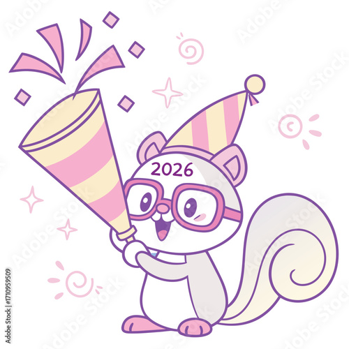 Joyful cartoon squirrel with party hat and glasses celebrating 2026 with a party popper cute animal