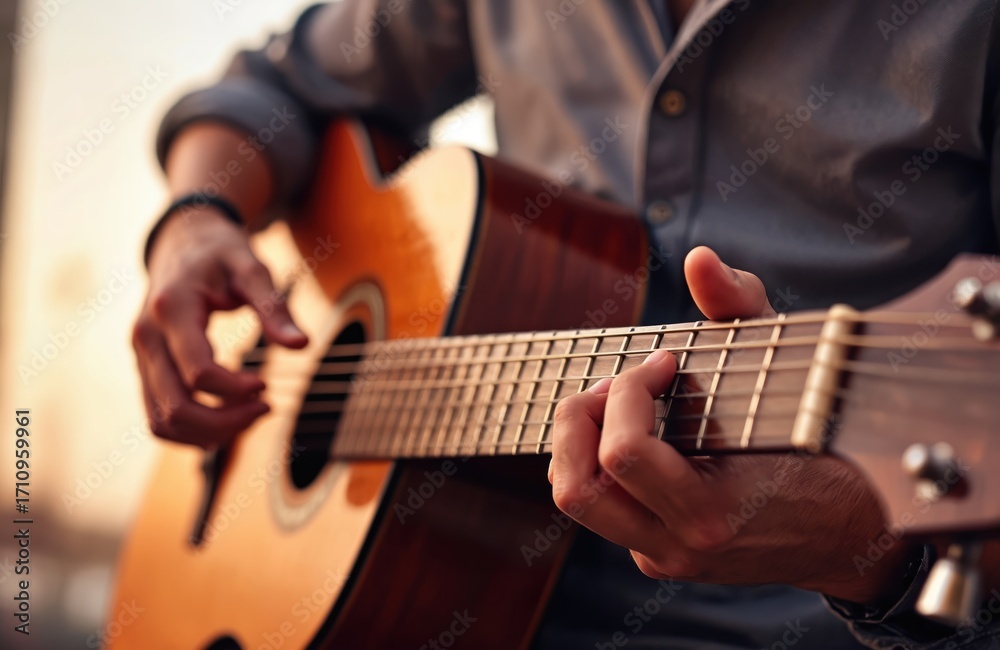 Fototapeta premium Man plays acoustic guitar. Musician performs with wooden instrument outdoors. Close-up shows fingers on fretboard. Warm sunlight illuminates scene. Music, hobby, passion.