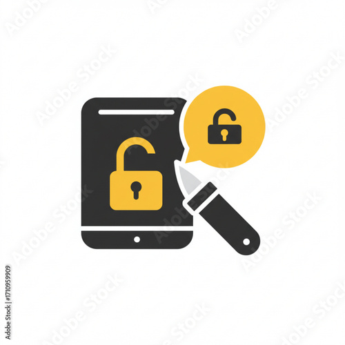 Illustration of digital security concept tablet with unlocked padlock and stylus