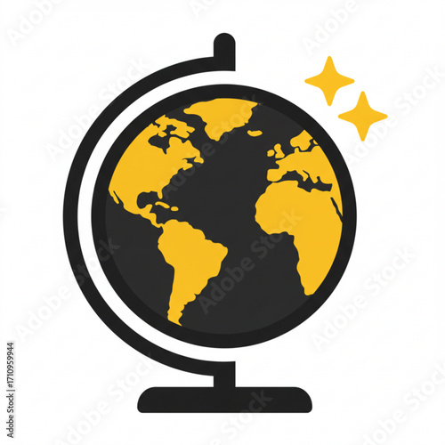 Illustration of stylized globe icon with yellow continents and stars on a