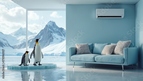 Two penguins stand on ice floe, Antarctic landscape outside window. Modern living room with sofa and AC unit contrasts cold environment. Nature meets home comfort.