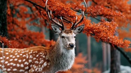 Wild deer standing in autumn forest with red maple leaves