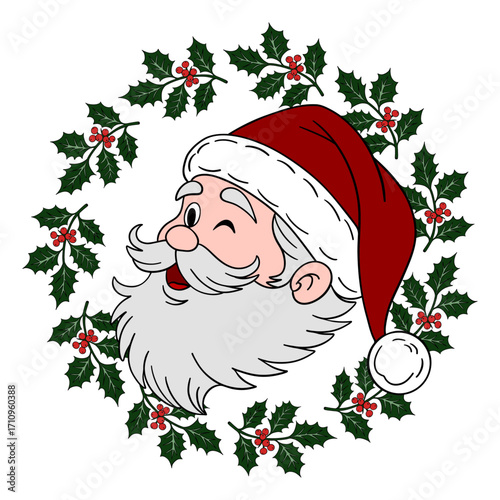 Festive Christmas wreath decorated with Santa Claus, ribbons, and ornaments. Traditional New Year decoration full of joy and celebration
