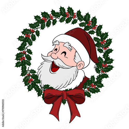 Festive Christmas wreath decorated with Santa Claus, ribbons, and ornaments. Traditional New Year decoration full of joy and celebration