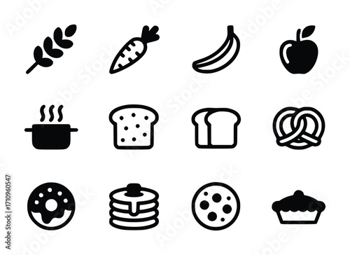 Collection of Food Icons Fruits, Vegetables, Baked Goods, and More