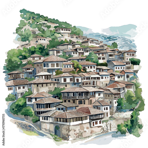 Berat Old Town. Berat Old Town watercolor vector illustration