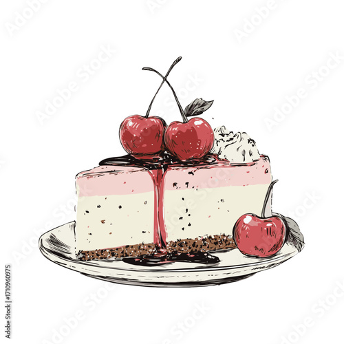 Delicious slice of cherry cheesecake topped with cherries and syrup, hand-drawn sketch style on white background, concept of dessert treat