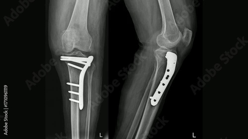 Post-operative X-ray of left knee showing plate and screw fixation – AP and lateral views