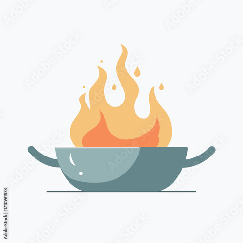 cooking pot with flames indicating burning on light background