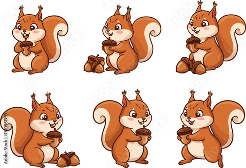 Adorable cartoon squirrels with acorns, cute woodland animal characters, perfect for autumn, forest theme, kids illustrations, and nature design