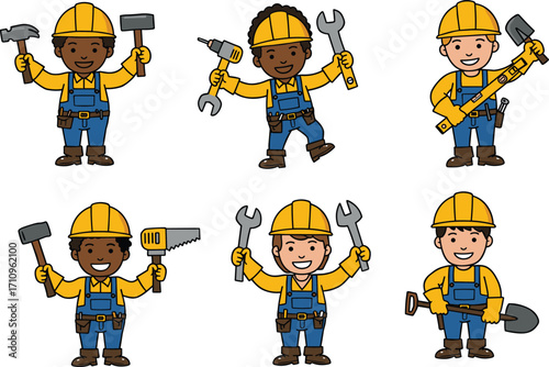 Cartoon construction workers, vector tools, cheerful builders, hard hats, industrial gear, teamwork, repair icons, labor crew, safety equipment, illustration