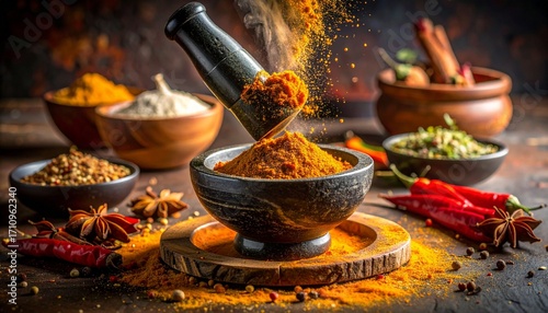 Traditional Indian spice grinding using stone mortar pestle create fresh garam masala blend aromatic whole spices