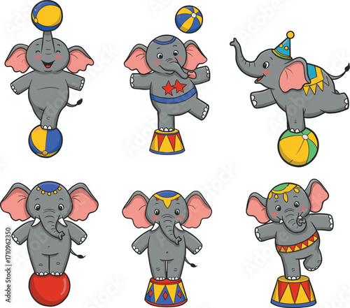 Cute cartoon circus elephants performing tricks, balancing on balls and stools, fun animal characters for children’s illustrations, carnival, party themes