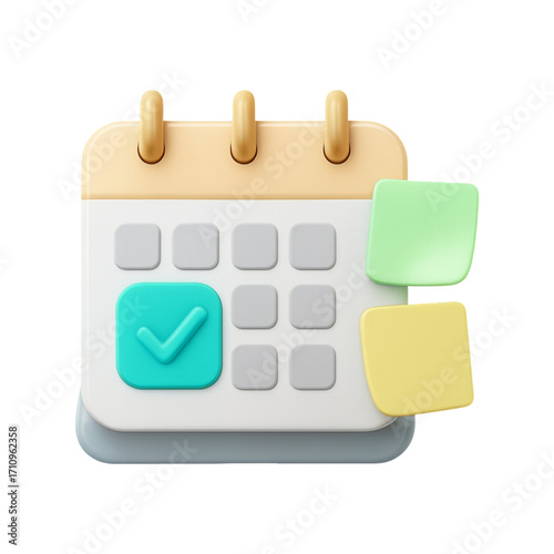 3d calendar icon with checkmark and sticky notes isolated on transparent background