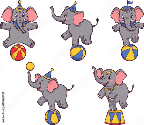 Cute cartoon circus elephants balancing on balls, juggling, wearing party hats, playful performance, children's illustration, fun animal characters, festive entertainment