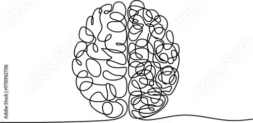 This image features a continuous line art drawing of a human brain viewed from the front, with both hemispheres intricately rendered by a single, unbroken line. 