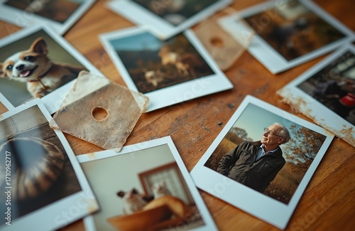 Scattered instant photos on wooden table show elderly man, happy dog, cats, autumn nature scenes. Images evoke nostalgia, memories, family history. Old pictures arranged randomly, telling stories.