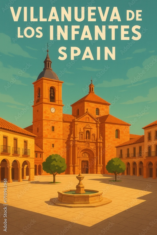 Fototapeta premium Illustrated central plaza of Villanueva de los Infantes Spain showing the stone cathedral, clock tower, trees, and a fountain under clear blue skies