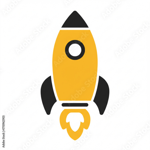Illustration of yellow rocket ship launching with fire