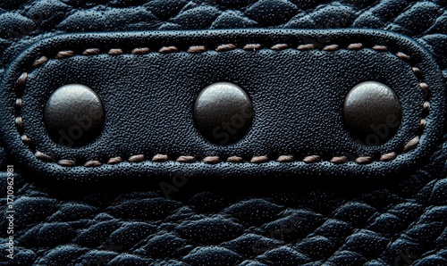 Close-up of dark leather with stitching and rivets