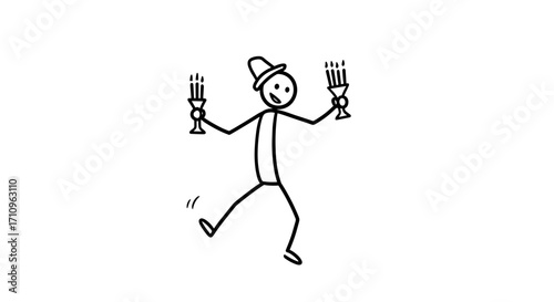 Stick figure dancing happily while holding candles for Hanukkah  