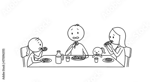 Family sitting at dining table and enjoying meal together - Concept of Hanukkah  
