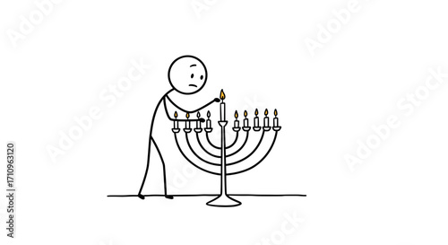 Stick figure lighting menorah candles for Hanukkah celebration  