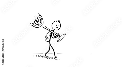 Stick figure walking while carrying a menorah for Hanukkah  